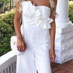 Size Small White Jumpsuit. Nwt. White Chic Jumpsuits And Rompers For Brunch, Chic White Jumpsuits And Rompers For Brunch, Fitted Strapless Jumpsuit For Brunch, Strapless Fitted Jumpsuit For Brunch, White Ruffled Jumpsuits And Rompers For Night Out, White Ruffled Jumpsuit For Night Out, Elegant White Jumpsuits And Rompers For Day Out, Elegant Strapless Jumpsuits And Rompers For Day Out, Elegant Fitted Jumpsuits And Rompers For Day Out