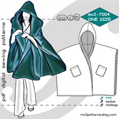 ONE-SIZE Poncho-wrap With Hood/ Digital PDF Sewing Pattern for | Etsy Poncho Pattern Sewing, Fabric Envelope, Easy Patterns, Poncho Wrap, Sew Ins, Poncho Pattern, Couture Mode, Woven Fabrics