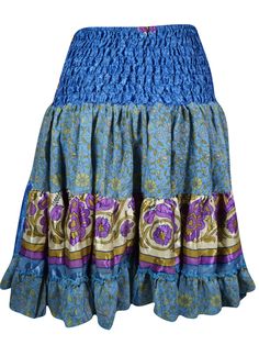 Womens Summer Ruched Skirt Blue Floral Beach Recycle Silk Skirts S/M The Skirt is the perfect addition to your wardrobe for those hot summer days. Made from recycled silk, this blue beach skirt features a ruched elastic waistband for a comfortable and flattering fit. Feel good about your style while helping the environment. Take on the summer with the Boho Style Summer Ruched Elastic Skirt! Made from recycled silk saree fabric in a bold Blue Floral hue, this skirt features a flattering short len Light Blue Lined Skirt For The Beach, Blue Gathered Skirt Bottoms For Vacation, Blue Ruffled Skirt Bottoms For Beach, Blue Maxi Skirt With Elastic Waistband For Vacation, Bohemian Blue Maxi Skirt For Beach, Blue Maxi Skirt For Festivals, Light Blue Lined Skirt For Vacation, Blue Gathered Maxi Skirt For Summer, Light Blue Beach Skirt