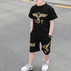 2-piece Animal Pattern T-shirt & Shorts for Children Boy - PrettyKid Casual Black Short Set For Summer, Black Graphic Print Playwear Sets, Black Graphic Print Sets For Playwear, Black Short Sleeve Sets For Spring, Black Summer Sets For Playwear, Black Cotton Short Set For Summer, Black Cotton Short Set, Black Cotton Playwear Sets, Black Summer Playwear Tops