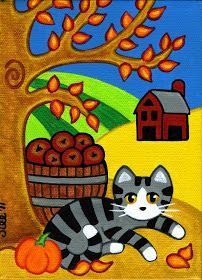 a painting of a cat sitting in front of a basket of pumpkins next to a tree