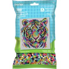 a bag of colorful beads with a tiger on the front and back side of it