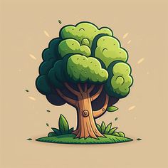 an illustration of a cartoon tree with green leaves on it's trunk and roots