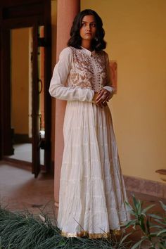 White anarkali featuring bead, sequin and zari hand embroidery on the yoke. Paired with a churidar and a dupatta. - Aza Fashions Designer Anarkali Embroidered Maxi Dress, Anarkali Embroidered Maxi Dress, Navratri Anarkali Embroidered Floor-length Dress, Designer Bollywood Floor-length Embroidered Dress, Designer Bollywood Embroidered Floor-length Dress, Navratri Anarkali Dress With Intricate Embroidery, Bollywood Style Embroidered Dress For Diwali Reception, Bollywood Embroidered Dress For Diwali Reception, Anarkali Embroidered Georgette Dress