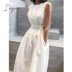 Ingvn - Summer Outfits Women Solid Long Dress White Chic Elegant Casual Party O Neck Sleeveless Outfits Summer Women, Long Dress White, Female Waist, White Chic, Elegant Casual, Outfits Summer, Casual Party, Sleeveless Tank, Dress White