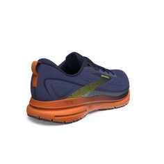 a blue and orange running shoe on a white background