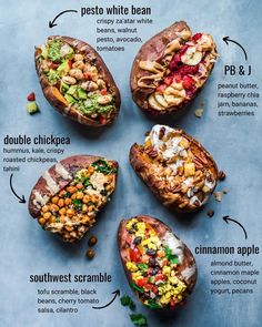 four baked potatoes with different types of food on the top and bottom, all labeled