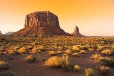 the desert is full of green plants and tall rock formations in the distance, as the sun sets