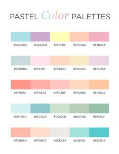 pastel color palettes with the names and colors for each one in different shades