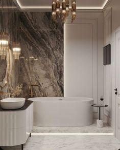 a bathroom with marble walls and flooring, chandelier above the bathtub