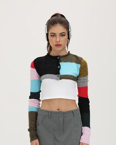 Model (WearingXS):• Height: 171cm | Bust: 83cm | Waist: 59cm | Hips: 89cmDetails: Multi-color cropped top with matching color pattrernTop Length: CroppedSleeve Length: Long SleevesMaterials: 95% Polyester + 5% Spandex Trendy Fitted Multicolor Crop Top, Trendy Multicolor Crew Neck Crop Top, Multicolor Long Sleeve Cropped Sweater, Multicolor Long Sleeve Casual Cropped Sweater, Multicolor Fitted Crop Top With Crew Neck, Fitted Multicolor Crop Top With Crew Neck, Trendy Multicolor Crew Neck Cropped Sweater, Trendy Multicolor Cropped Sweater For Winter, Trendy Multicolor Cropped Sweater With Crew Neck