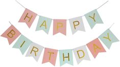 happy birthday bunting banner with gold foil letters and pink, green, yellow and white flags