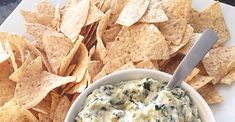 a white plate topped with chips and dip