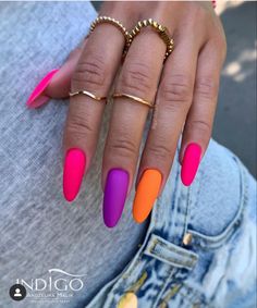 Neon Matte Nails Summer Colors, Neon Pink And Purple Nails, Every Nail Different Color Shades, Summer Purple Nails, Pink And White Nail Art, Unique Summer Nails, Summer Nails Designs 2023, Summer Nails 2023 Gel, Neon Purple Nails