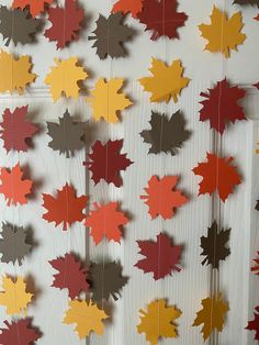 the fall leaves are hanging on the wall in front of the white board with red, yellow and brown paper