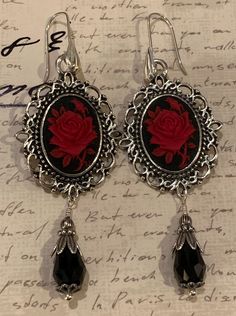 Victorian Rose Dangle Earrings - Etsy Silver Gothic Earrings For Valentine's Day, Cameo Drop Earrings As Gift, Rose Metal Jewelry For Party, Cameo Drop Earrings Jewelry Gift, Gift Cameo Drop Earrings Jewelry, Gothic Metal Earrings For Valentine's Day, Black Nickel-free Jewelry For Valentine's Day, Nickel-free Black Jewelry For Valentine's Day, Gothic Dangle Earrings For Valentine's Day