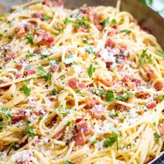 a plate of pasta with bacon and parmesan cheese on the top is ready to be eaten