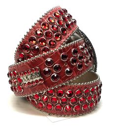 b.b. Simon '8 Ball' Blood Red Crystal Belt - Dudes Boutique Luxury Red Leather Belt, Elegant Red Leather Belt, Formal Red Leather Belt, Luxury Red Belt For Formal Occasions, Bb Simon Belts, Crystal Belt, Year Of Dates, Blood Red, Red Crystals