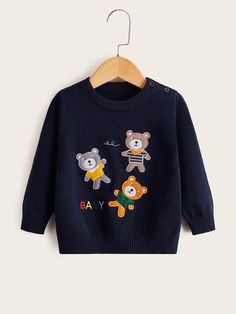 Navy Blue Casual  Long Sleeve Cotton Blends Cartoon,Letter Pullovers Embellished Slight Stretch Spring/Fall Baby Clothing Embroidered Jumper, Fall Baby Clothes, Denim Handbags, Boys Sweaters, Fall Baby, Embroidered Sweater, Winter Tops, Baby Sweaters, Baby Bear