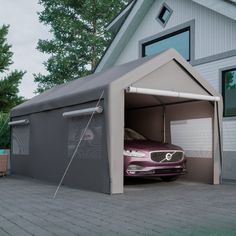 a car is parked in the garage with its door open