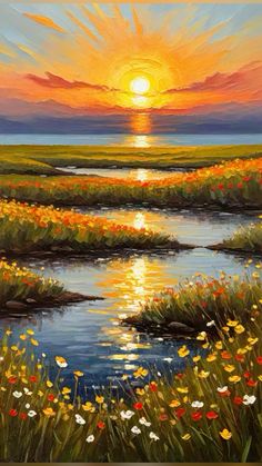 an oil painting of the sun setting over a river with wildflowers and grass