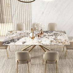 a marble dining table surrounded by beige chairs