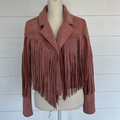 Flawless Fringe Cropped Pink Suede Jacket Size Small New With Tags. Chic Long Sleeve Outerwear With Fringe, Chic Outerwear With Fringe, Chic Fringe Outerwear For Work, Long Sleeve Fringe Outerwear For Spring, Spring Long Sleeve Fringe Outerwear, Fitted Long Sleeve Outerwear With Fringe, Chic Fringe Blazer For Fall, Spring Fringed Outerwear For Work, Pink Suede Jacket