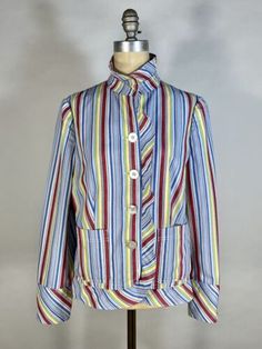 Vintage 1980's OOAK UNIQUE homemade stripe cotton jacket blazer w/ruffle neck L  | eBay Fitted Vertical Stripes Spring Blazer, Fitted Blazer With Vertical Stripes For Spring, Spring Fitted Blazer With Vertical Stripes, Fitted Spring Blazer With Vertical Stripes, Summer Striped Long Sleeve Blazer, Spring Cotton Retro Blazer, Fitted Cotton Outerwear With Striped Pattern, Striped Retro Outerwear For Work, Fitted Striped Cotton Outerwear