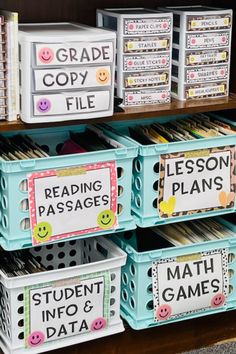 classroom organization bins with reading passage and lesson information labels on them in front of bookshelves