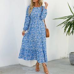 Bohemian Women Maxi Dress Casual Long Sleeve High Waist Casual Beach Dress, Spring Dresses Women, Bohemian Women, Salou, Printed Long Dresses, Long Dress Casual, Maxi Robes, Chiffon Long Sleeve, Women Maxi