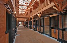 several horses are lined up in an enclosed area with wooden walls and ceilings, along with windows on the second floor