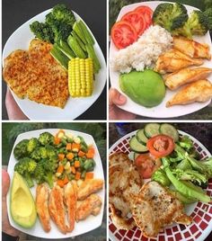 four pictures of different types of food including chicken, broccoli, and tomatoes