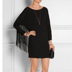 Maje Rodeo Black Crepe Fringed Long Sleeve Mini Dress Nwt, Size 1 Or Us Size S Add A Little Western Flair To Your Next Cocktail Party With Rodeo Fringed Mini Dress. Fringe Adorns The Whole Length Of The Sleeve And The Upper Half Of Side Of The Dress. Very Unique And Fun. Style With Strappy Sandal Or Go All Western With The Booties. Boatneck Crepe Material Shift Silhouette Fringe Trim Back Vent Pull On Style 100% Polyester Chic Evening Mini Dress With Fringe, Long Sleeve Fringe Evening Dresses, Elegant Long Sleeve Dress With Fringe, Elegant Long Sleeve Fringe Dress, Long Sleeve Fringe Mini Dress For Night Out, Long Sleeve Fringed Dress For Night Out, Black Fringe Mini Dress For Cocktail, Chic Black Fringe Dress, Chic Long Sleeve Fringe Dress