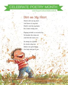 an illustrated children's book about dirt on my shirt, featuring a young boy standing in the grass with his arms outstretched