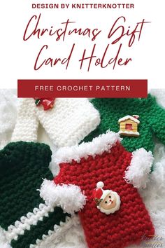 the christmas gift card holder is knitted in red, green and white with santa's hat on it