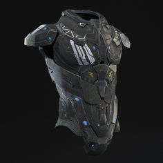 a futuristic looking helmet with blue lights on it's face and chest, against a black background