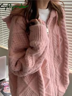 44267007443161|44267007475929|44267007508697|44267007541465 Hooded Knit Cardigan, Long Sweater Coat, Pull Rose, Thick Sweater, Knitting Women Cardigan, Knitted Hood, Thick Sweaters, Cardigan Women, Hooded Cardigan