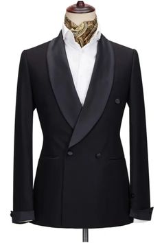 Abraham Formal Black Shawl Lapel Men Suits For Wedding Luxury Black Double-breasted Suit, Elegant Black Tuxedo With Lapel Collar, Elegant Double-breasted Groom Suits, Black Fitted Double-breasted Three-piece Suit, Black Double-breasted Suit For Formal Occasions, Elegant Double-breasted Tuxedo With Double Button Closure, Elegant Double-breasted Tuxedo In Suiting Fabric, Elegant Three-piece Suit With Double Button Closure, Double-breasted Tuxedo Three-piece Suit For Groom