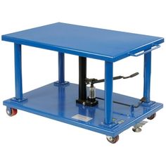 a blue table with wheels on it