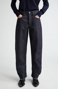 Articulated knee seams and multiple darts help shape the subtle barrel silhouette of these nonstretch-denim jeans finished with raw hems. 32" inseam; 17" leg opening; 11" front rise; 14" back rise (size 42EU) Zip fly with button closure Five-pocket style 100% cotton Dry clean Made in Italy Designer Clothing Modern Jeans With Belt Loops And Standard Cut Leg, Modern Jeans With Belt Loops Standard Cut, Modern Jeans With Belt Loops, Modern Selvedge Rigid Denim Bottoms, Barrel Leg Jeans, Jil Sander, Bottoms Pants, Jeans Pants, Leg Jeans