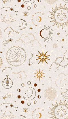 the sun, moon and stars are drawn in gold on white paper