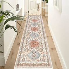 a hallway with a rug on the floor and potted plant in the corner next to it