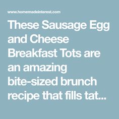 These Sausage Egg and Cheese Breakfast Tots are an amazing bite-sized brunch recipe that fills tater tots with sausage, cream cheese, and scrambled eggs! It's an easy brunch recipe that no one will be able to resist. Breakfast Tots, Brunch Party Menu, Sausage Cream Cheese, Cheese Breakfast, Easy Brunch Recipes, Boozy Brunch, Brunch Recipe