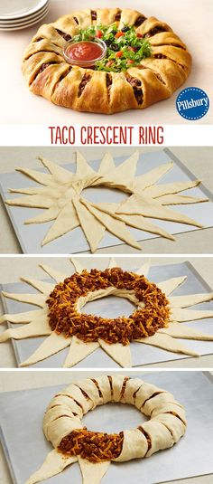 the process to make taco crescent ring wreaths is shown in three different stages