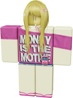 a cartoon girl with long blonde hair wearing a pink and white shirt that says money is the mother