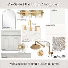 bathroom mood board with white and gold fixtures