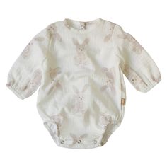 Baby bodysuit - it will be useful in every layette! Bunnies 100% cotton Why is it worth choosing muslin ones? They suit even small sensors. They are very soft and comfortable. Made of cotton - perfect for all year round. Both the fabric and the paints used for printing have safety certificates. Double gauze clothes are loved by children and parents for their delicacy, softness and durability. Available in sizes 56, 62, 68. You can choose from short or long sleeves! Beige Cotton Onesie For Spring, White Cotton Bodysuit For Bedtime, Playful Cream Cotton Onesie, Cream Cotton Bodysuit For Playtime, Spring Beige Cotton Bodysuit, Beige Cotton Spring Bodysuit, White Spring Bodysuit For Bedtime, Cream Long Sleeve Bubble Romper For Summer, White Summer Bubble Romper For Bedtime