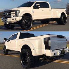 the white truck is parked on the side of the road in two different pictures,