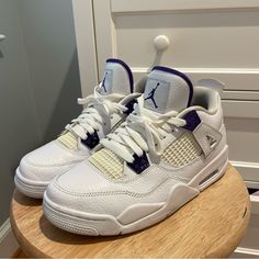 Used- Excellent Condition Only Worn A Handful Of Times. Fits Women's 8/8.5! Feel Free To Make Reasonable Offers Air Jordan Retro 4 Metallic Purple, Air Jordan 4 Retro Metallic Purple, Air Jordan 4 Leather Shoes With Air Cushioning, Air Jordan 4 Leather With Air Cushioning, White Synthetic Air Jordan 4 Lace-up, Air Jordan 4 Retro Purple, Purple Metallic, Shoes Air, Jordan 4 Retro