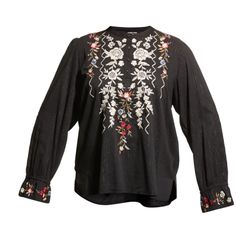 Johnny Was "Roma Victorian Prairie" Floral-Embroidered Blouse With Subtle Metallic Pinstripes Round Neckline Partial Button Placket Long Sleeves; Elastic Cuffs Relaxed Silhouette Slits In The Sides Viscose Imported Please Note: This Merchandise May Have A Distressed Effect. It Is A Unique Feature That Enhances The Product And Is Not Considered A Defect. Designer Long Sleeve Tops For Festive Occasion, Festive Long Sleeve Designer Tops, Traditional Embroidered Tops For Workwear, Designer Long Sleeve Embellished Blouse, Festive Long Sleeve Blouse With Embroidered Cuffs, Festive Fall Blouse With Floral Embroidery, Floral Embroidered Top For Workwear, Traditional Spring Workwear Tops, Fall Festive Floral Embroidered Blouse